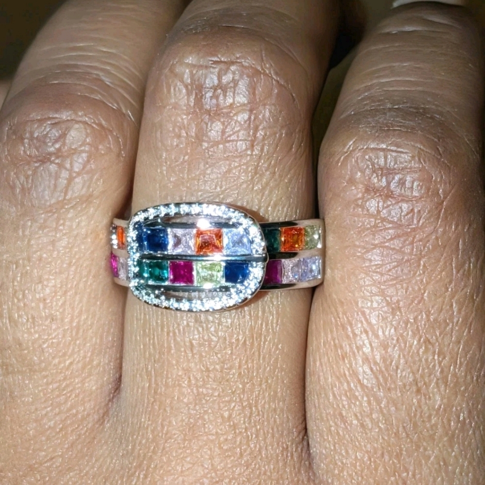 Ladies Multi Color Shimmering Gemstone Belt Buckle Design Bohemian Ring